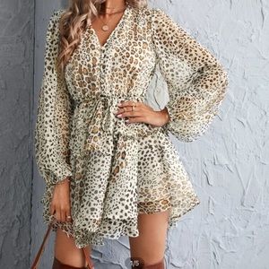 Leopard Print Drawstring Waist Layered Hem Dress
